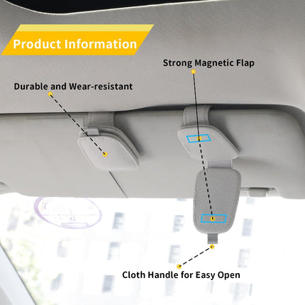 2-Pack Car Sun Visor Sunglasses Holder – Magnetic Flip Cover, PU Leather Eyewear & Card Organizer, Easy One-Hand Open, Scratch-Free, Universal Fit for All Vehicles (Grey)