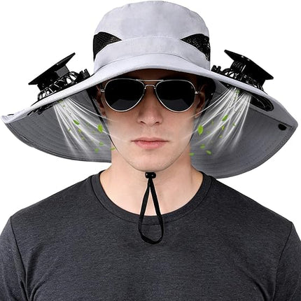 Solar-Powered Dual-Fan Sun Hat – UPF 50+ Wide-Brim Outdoor Hat with 2 USB/Solar Rechargeable Fans, Adjustable Strap, Breathable Mesh, for Fishing, Hiking, Beach & Gardening; Unisex Cooling Cap with 800mAh Battery (Grey)