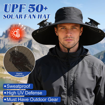 Solar-Powered Dual-Fan Sun Hat – UPF 50+ Wide-Brim Outdoor Hat with 2 USB/Solar Rechargeable Fans, Adjustable Strap, Breathable Mesh, for Fishing, Hiking, Beach & Gardening; Unisex Cooling Cap with 800mAh Battery (Grey)