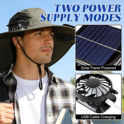 Solar-Powered Dual-Fan Sun Hat – UPF 50+ Wide-Brim Outdoor Hat with 2 USB/Solar Rechargeable Fans, Adjustable Strap, Breathable Mesh, for Fishing, Hiking, Beach & Gardening; Unisex Cooling Cap with 800mAh Battery (Khaki)