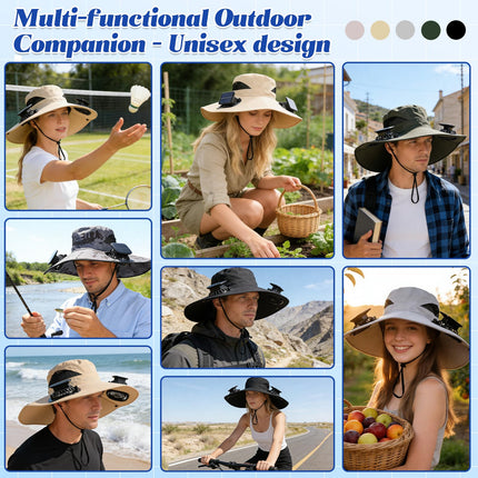 Solar-Powered Dual-Fan Sun Hat – UPF 50+ Wide-Brim Outdoor Hat with 2 USB/Solar Rechargeable Fans, Adjustable Strap, Breathable Mesh, for Fishing, Hiking, Beach & Gardening; Unisex Cooling Cap with 800mAh Battery (Khaki)