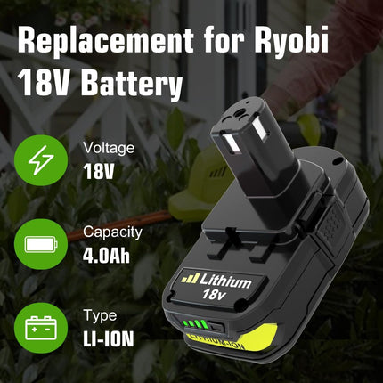 18V P108 Ryobi 18V Battery Replacement P117 Charger Lithium-Ion Battery Power - Black - Size 4000mAh