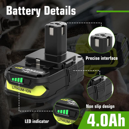 18V P108 Ryobi 18V Battery Replacement P117 Charger Lithium-Ion Battery Power - Black - Size 4000mAh