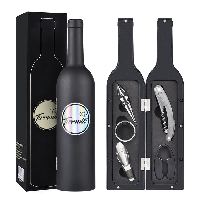 Wine Accessories Gift Set (Black) 5-Piece Bottle Corkscrew Opener Kit with Novelty Bottle-Shaped Case