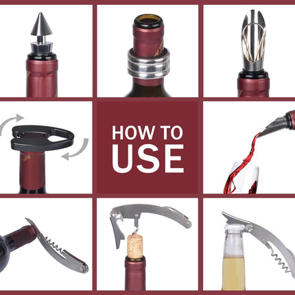 Wine Accessories Gift Set (Black), 5-Piece Bottle Corkscrew Opener Kit with Novelty Bottle-Shaped Case, Valentine's Day Gift for Wine Lovers