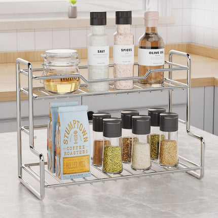 304 Stainless Steel Two Layers Tabletop Storage Rack Kitchen Spice Rack Bathroom Cosmetics Mouthwash Cup Organizer Shelf-Silver