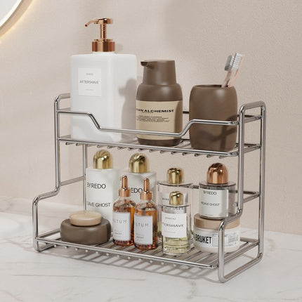 304 Stainless Steel Two Layers Tabletop Storage Rack Kitchen Spice Rack Bathroom Cosmetics Mouthwash Cup Organizer Shelf-Silver