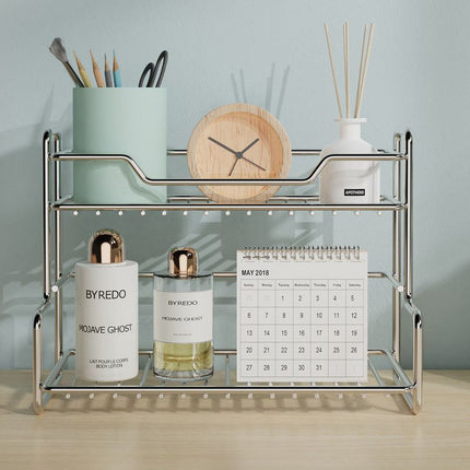 304 Stainless Steel Two Layers Tabletop Storage Rack Kitchen Spice Rack Bathroom Cosmetics Mouthwash Cup Organizer Shelf-Silver