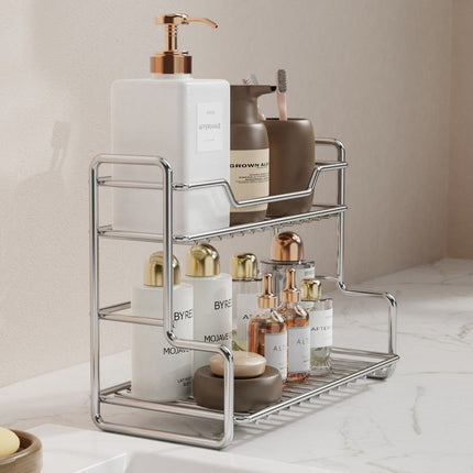 304 Stainless Steel Two Layers Tabletop Storage Rack Kitchen Spice Rack Bathroom Cosmetics Mouthwash Cup Organizer Shelf-Silver