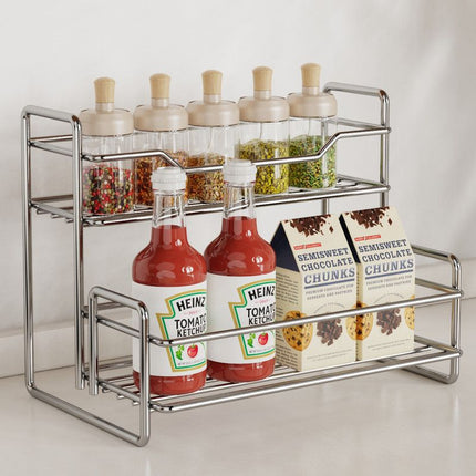 Stainless Steel Two Layers Storage Shelf Kitchen Spice Rack Bathroom Cosmetics Mouthwash Cup Organizer Storage Rack-Silver