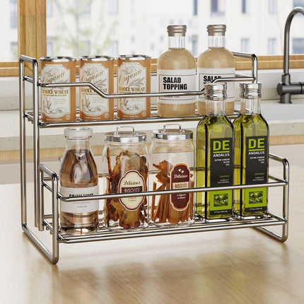Stainless Steel Two Layers Storage Shelf Kitchen Spice Rack Bathroom Cosmetics Mouthwash Cup Organizer Storage Rack-Silver