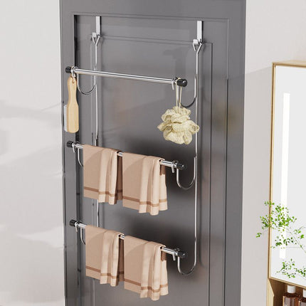 Towel Rack Behind Bathroom Door Three-Layer Storage Rack  Non-Perforated Hook Towel Hanger-Silver