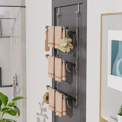 Towel Rack Behind Bathroom Door Three-Layer Storage Rack  Non-Perforated Hook Towel Hanger-Silver