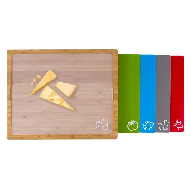 Bamboo Chopping Board with 5 Pcs Color-Coded Flexible Cutting Mats V1181-KU0219