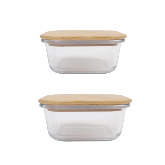 2 Pcs Bamboo Cover Food Containers Medium & Large Clear Glass Plastic Free V1181-MB0079-MB0080