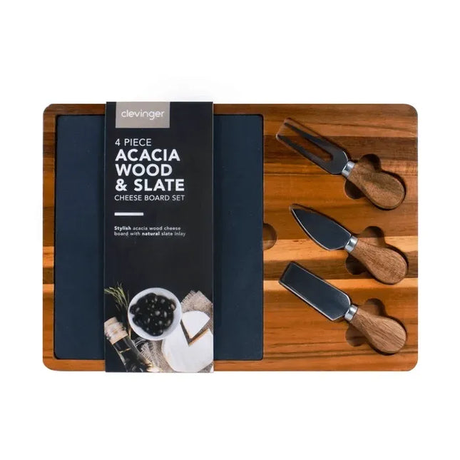 4 Pcs Clevinger Acacia Wood & Slate Cheese Board With Knife Set V1181-TB0005
