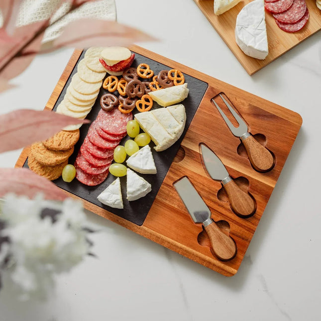 4 Pcs Clevinger Acacia Wood & Slate Cheese Board With Knife Set – product detail