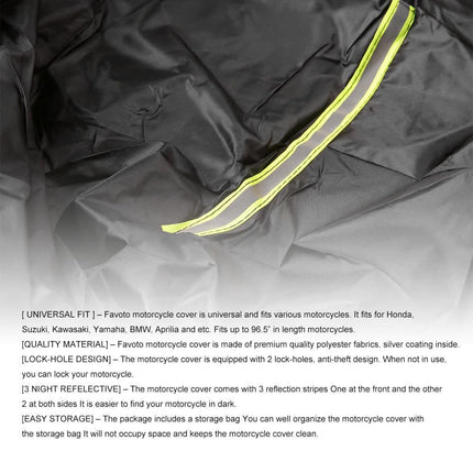 Waterproof Motorcycle and Moped Cover with Reflective Strips UV and Dust Resistant Black, 220x95x110cm