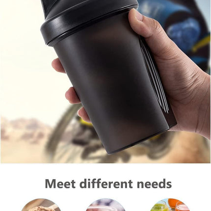 400 ml Protein Shaker, Leak-proof Water Bottle with Stainless Steel Strainer and Measuring Scale, Black