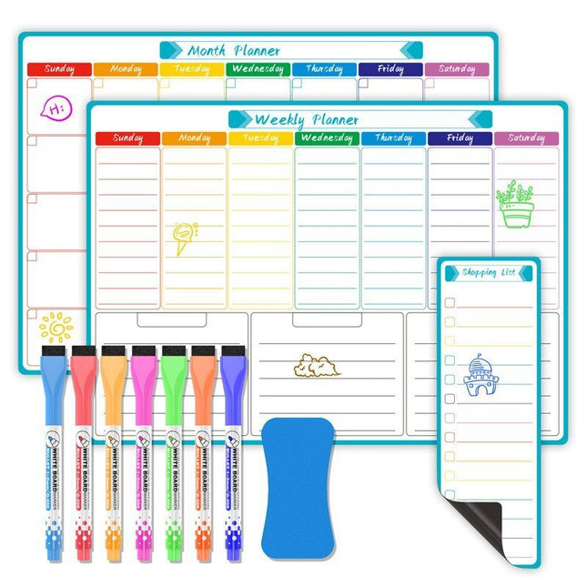 Magnetic Dry Erase Weekly & Monthly Planner Set Fridge Whiteboard Calendar with 7 Markers &
