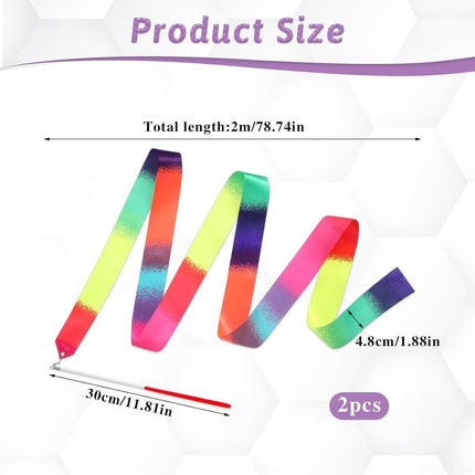 pieces - Ribbon dance sticks - 2 m - Dance rainbow streamers - 30cm long stick - ribbon dance staff - rhythmic gymnastics ribbon staff - ribbon sticks - rhythmic gymnastics ribbons - for artistic dance flags, talent shows and training equipment - gradient