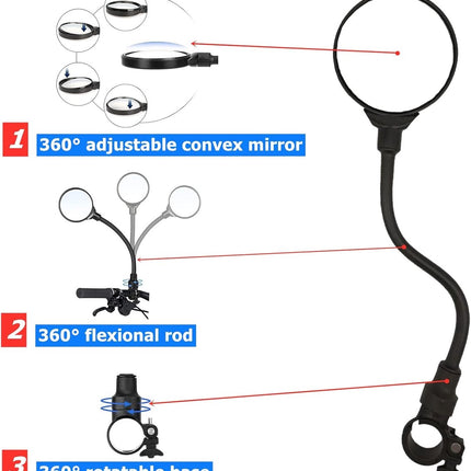 Bicycle Mirror E-bike Rearview Mirror - handlebar lens bicycle mirror - Bicycle mirror right - round mirror - safe rearview mirror for bicycle - scratch-resistant glass lens - adjustable and rotatable safe rearview mirror - 360º Rotatable