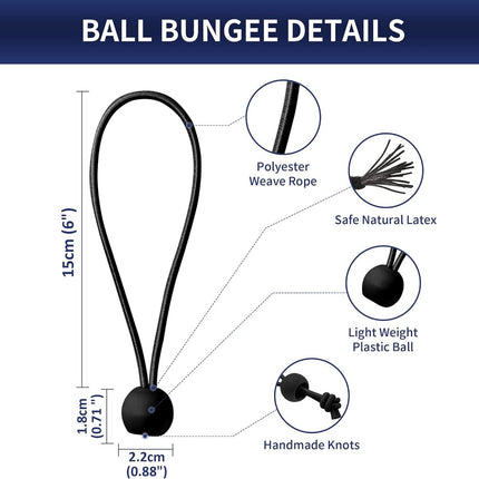 50 pieces - 6 inch - Elastic rope - Elastic cord - Tensioning elastic - tension cord - ball bungee cords - with balls - reusable - for golf nets, soccer goals, camping, tent poles, tubing - black - 150*22 mm