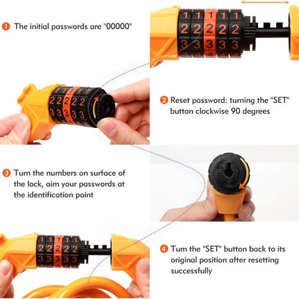 Bicycle lock - Bicycle chain lock - Anti-theft bicycle lock - 1.1m*11mm - Combination lock - Cable lock - Lock - with 5-digit code - Includes shackle - High security - Resettable lock - bicycle accessories - for bicycles, tricycles and scooters - orange