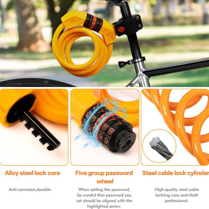 Bicycle lock - Bicycle chain lock - Anti-theft bicycle lock - 1.1m*11mm - Combination lock - Cable lock - Lock - with 5-digit code - Includes shackle - High security - Resettable lock - bicycle accessories - for bicycles, tricycles and scooters - orange