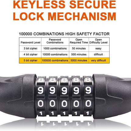 Bicycle lock - Bicycle chain lock - Anti-theft bicycle lock - 1.1m*11mm - Combination lock - Cable lock - Lock - with 5-digit code - Includes shackle - High security - Resettable lock - bicycle accessories - for bicycles, tricycles and scooters - orange