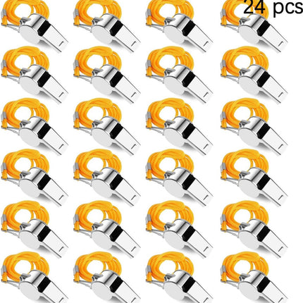 24 pieces - Whistles - Coach Whistle - Outdoor Whistle - Stainless Steel Whistles - Football Referee Whistle - Whistle with Lanyard - Outdoor Accessories - For Emergencies, Sports Training, Referee - Silver - 4*2*1.5 cm