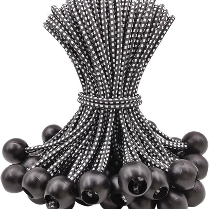 50 pieces - 6 inch - Elastic rope - Elastic cord - Tensioning elastic - tension cord - ball bungee cords - with balls - reusable - for golf nets, soccer goals, camping, tent poles, hose - black rope white spot - 150*22 mm