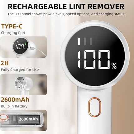 Electric Lint Remover - Rechargeable Lint Shaver - With LED Display - 3 Speeds - Sweater Depiller - White