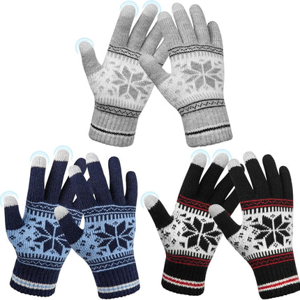3 Pairs Touch Screen Gloves with Snow Flower Pattern, Warm Knit Winter Gloves Christmas Gifts Stocking Stuffers for Women Gray Blue White