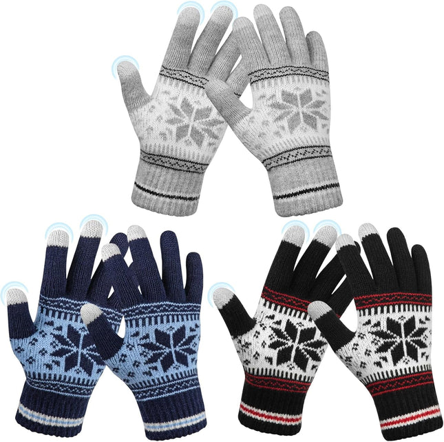 3 Pairs Touch Screen Gloves with Snow Flower Pattern Warm Knit Winter Gloves Christmas Gifts Stocking