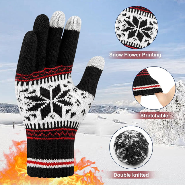 3 Pairs Touch Screen Gloves with Snow Flower Pattern Warm Knit Winter Gloves Christmas Gifts Stocking – product detail