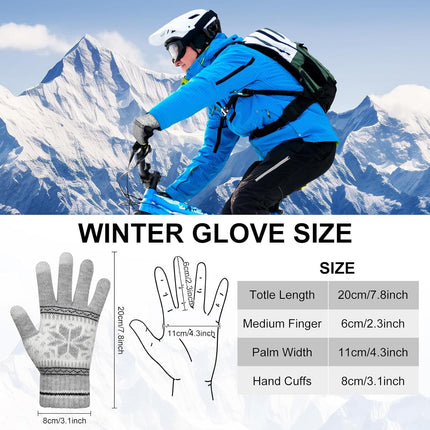 3 Pairs Touch Screen Gloves with Snow Flower Pattern, Warm Knit Winter Gloves Christmas Gifts Stocking Stuffers for Women Gray Blue White