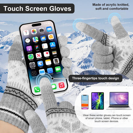 3 Pairs Touch Screen Gloves with Snow Flower Pattern, Warm Knit Winter Gloves Christmas Gifts Stocking Stuffers for Women Gray Blue White