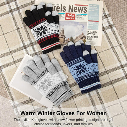 3 Pairs Touch Screen Gloves with Snow Flower Pattern, Warm Knit Winter Gloves Christmas Gifts Stocking Stuffers for Women Gray Blue White