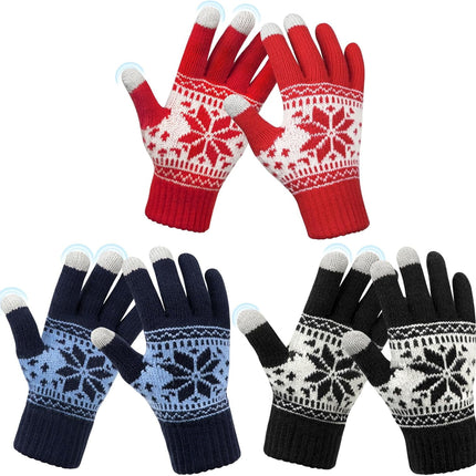 3 Pairs Touch Screen Gloves with Snow Flower Pattern, Warm Knit Winter Gloves Christmas Gifts Stocking Stuffers for Women Red1 Blue White