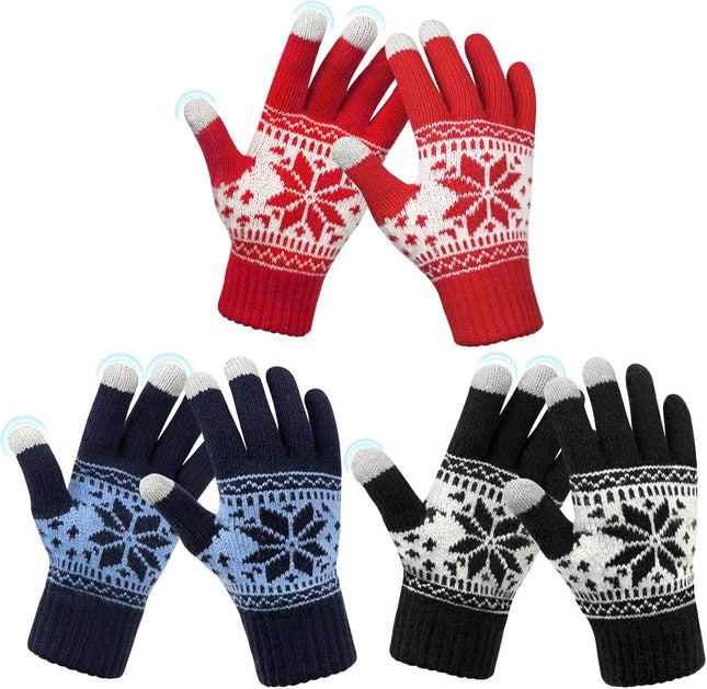 3 Pairs Touch Screen Gloves with Snow Flower Pattern Warm Knit Winter Gloves Christmas Gifts Stocking
