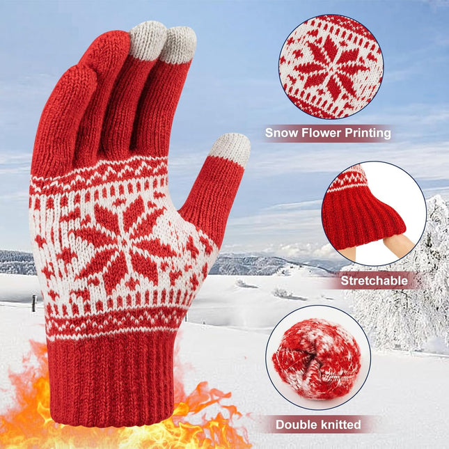 3 Pairs Touch Screen Gloves with Snow Flower Pattern Warm Knit Winter Gloves Christmas Gifts Stocking – product detail