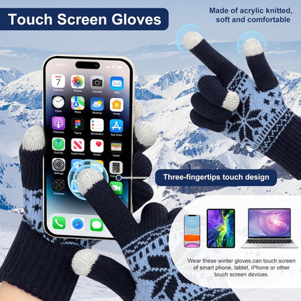 3 Pairs Touch Screen Gloves with Snow Flower Pattern, Warm Knit Winter Gloves Christmas Gifts Stocking Stuffers for Women Red1 Blue White