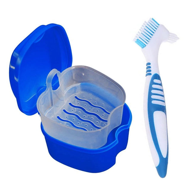 Denture Bath Case Cup Box Holder Storage Container with Denture Cleaner Brush Strainer Basket for Travel