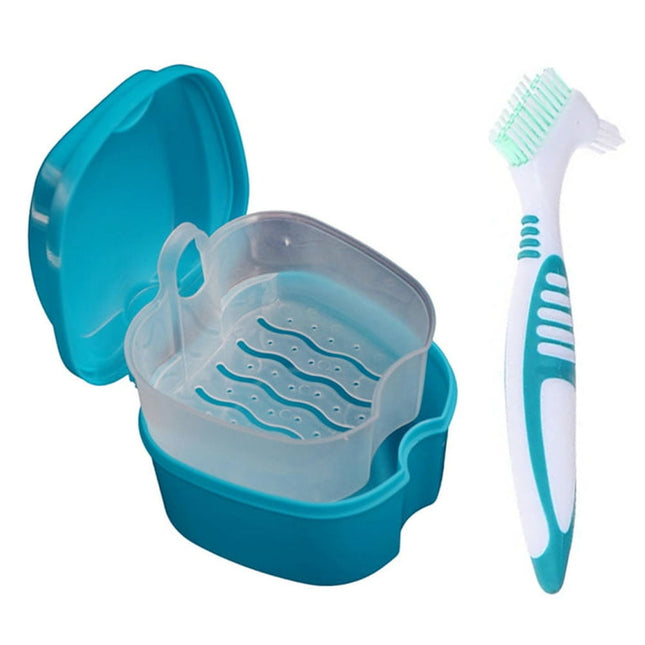 Denture Bath Case Cup Box Holder Storage Container with Denture Cleaner Brush Strainer Basket for Travel