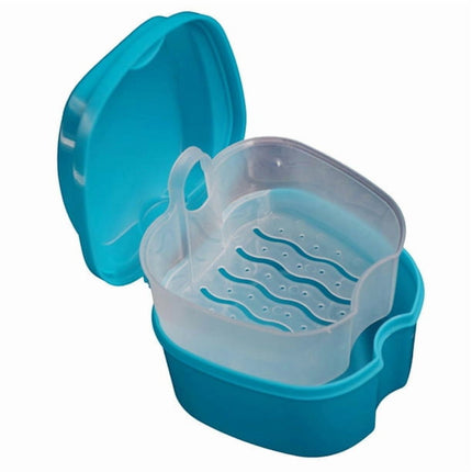 Denture Bath Case Cup Box Holder Storage Container with Denture Cleaner Brush Strainer Basket for Travel Cleaning Green