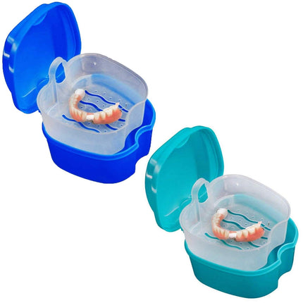 Denture Bath Case Cup Box Holder Storage Container with Denture Cleaner Brush Strainer Basket for Travel Cleaning Green