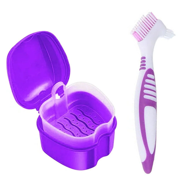 Denture Bath Case Cup Box Holder Storage Container with Denture Cleaner Brush Strainer Basket for Travel