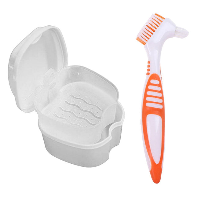 Denture Bath Case Cup Box Holder Storage Container with Denture Cleaner Brush Strainer Basket for Travel
