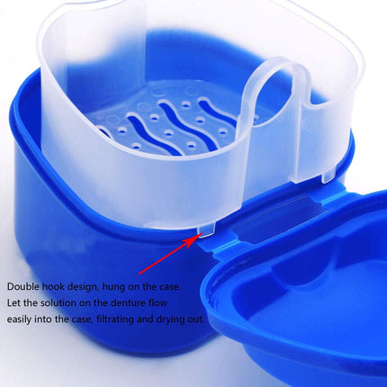 Denture Bath Case Cup Box Holder Storage Container with Denture Cleaner Brush Strainer Basket for Travel Cleaning White